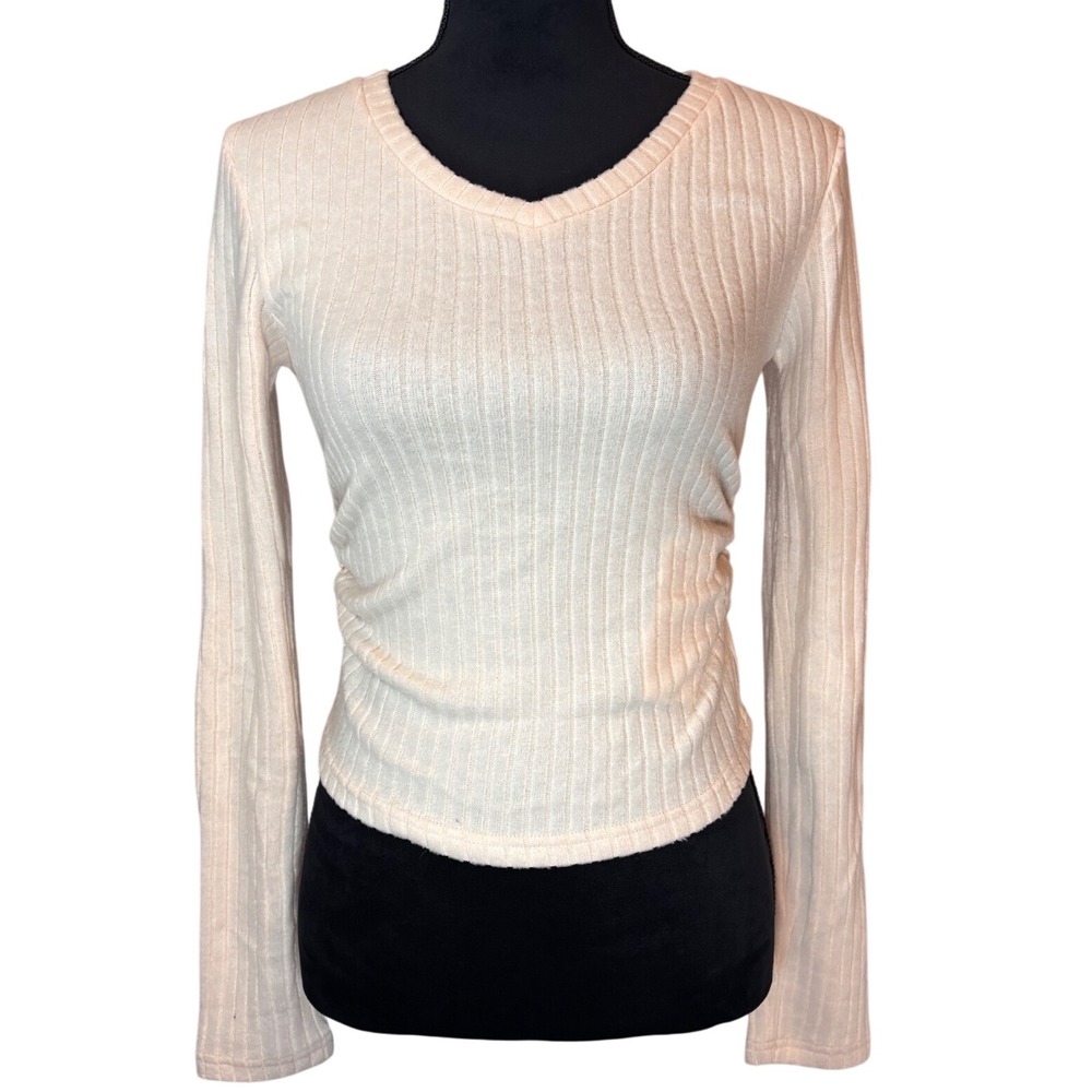 Commense Top Women Small Cream Ribbed V-Neck Long Sleeve Side Ruched NWT